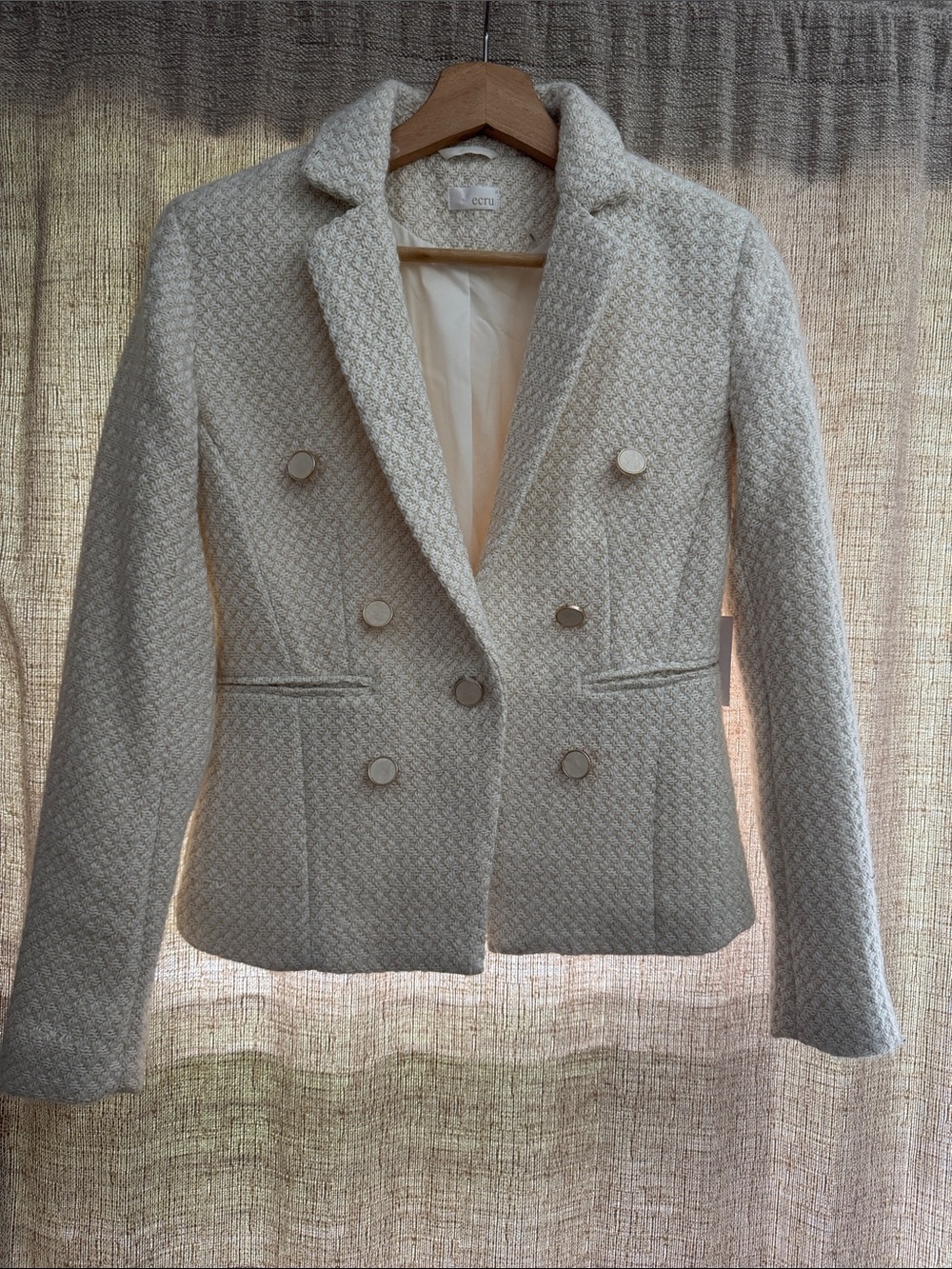 ecru Textured Double-Breasted Blazer in Cream